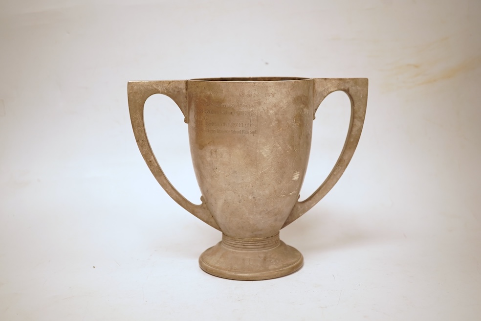 An Art Deco silver two handled presentation trophy cup, with engraved inscription, Adie Bros. Birmingham, 1928, height 17.4cm, 21oz.